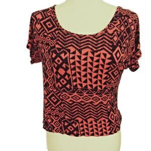Hi Low Asymmetrical Black Orange Geometric Print Crop Shirt Blouse Top MED Cozy